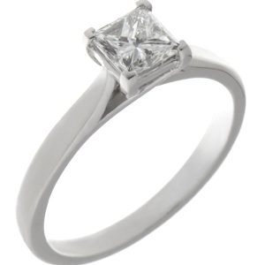 Princess square cut diamond classic solitaire engagement ring kiss style crossover setting modern contemporary platinum gold 4 claw