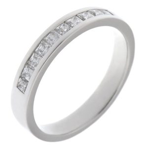 classic diamond half eternity ring channel set princess square cut diamonds 2.5mm width platinum gold